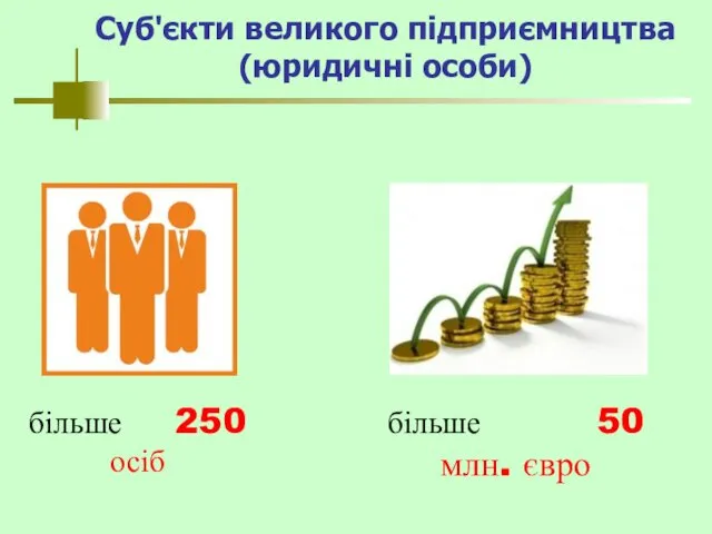 Суб'єкти великого підприємництва (юридичні особи) більше 250 осіб більше 50 млн. євро