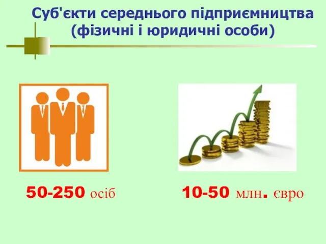 Суб'єкти середнього підприємництва (фізичні і юридичні особи) 50-250 осіб 10-50 млн. євро