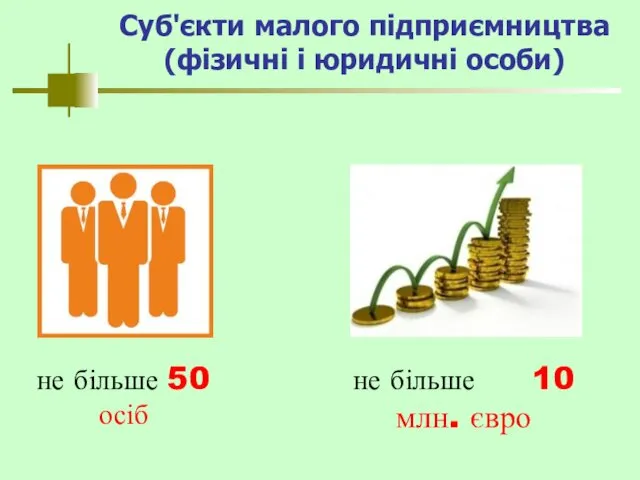 Суб'єкти малого підприємництва (фізичні і юридичні особи) не більше 50 осіб не більше 10 млн. євро