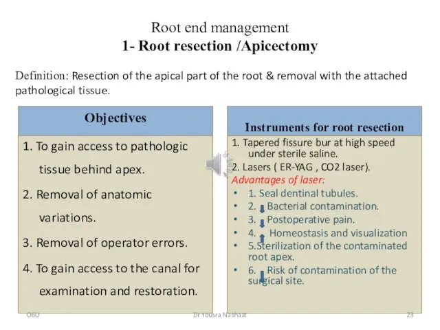 Root end management 1- Root resection /Apicectomy Objectives 1. To