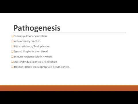 Pathogenesis Primary pulmonary infection Imflammotory reaction Little resistance/ Multiplication Spread