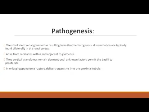 Pathogenesis: The small silent renal granulomas resulting from ilent hematogenous