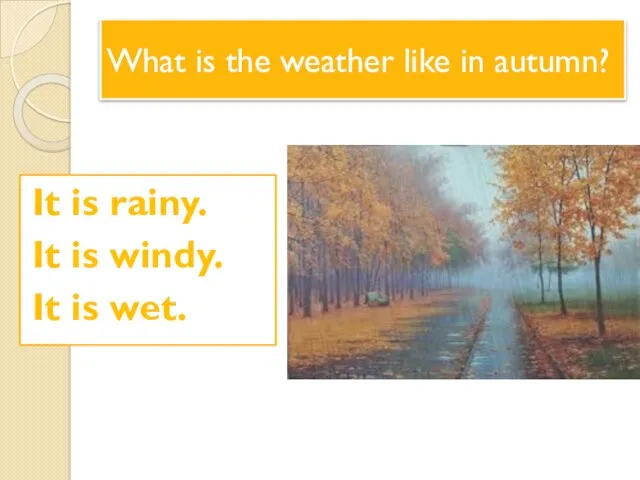 It is rainy. It is windy. It is wet. What is the weather like in autumn?
