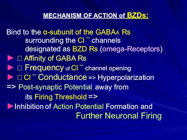 MECHANISM OF ACTION of BZDs: Bind to the α-subunit of the GABAA Rs
