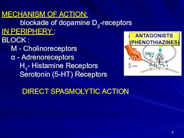 MECHANISM OF ACTION: blockade of dopamine D2-receptors IN PERIPHERY : BLOCK : M