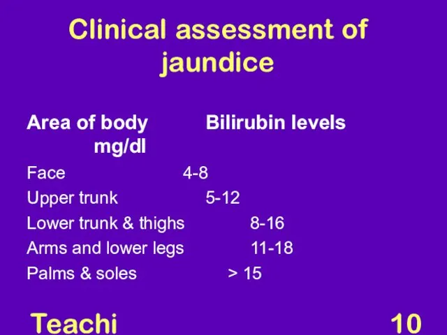 Teaching Aids: NNF Clinical assessment of jaundice Area of body Bilirubin levels mg/dl