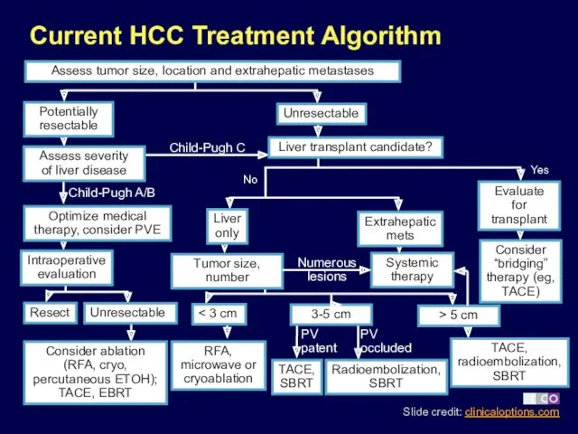 Current HCC Treatment Algorithm Potentially resectable Assess severity of liver disease Liver transplant