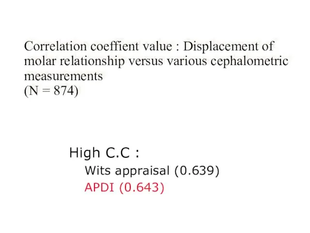 Correlation coeffient value : Displacement of molar relationship versus various