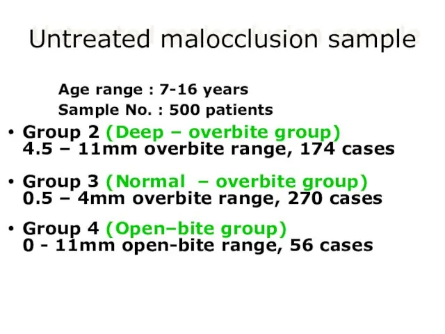 Untreated malocclusion sample Age range : 7-16 years Sample No.