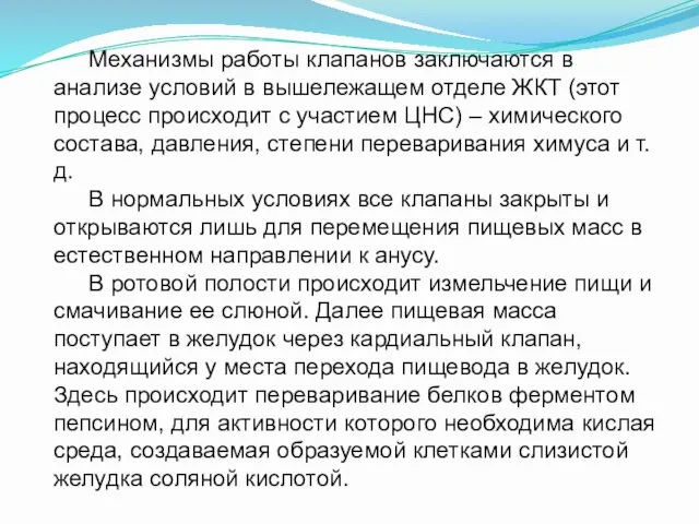 Механизмы работы клапанов заключаются в анализе условий в вышележащем отделе