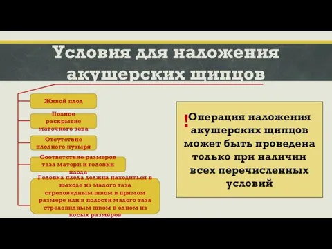 Условия для наложения акушерских щипцов Живой плод Полное раскрытие маточного зева Отсутствие плодного