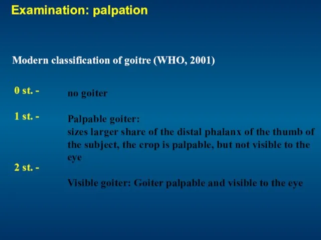 Examination: palpation Modern classification of goitre (WHO, 2001) 0 st.