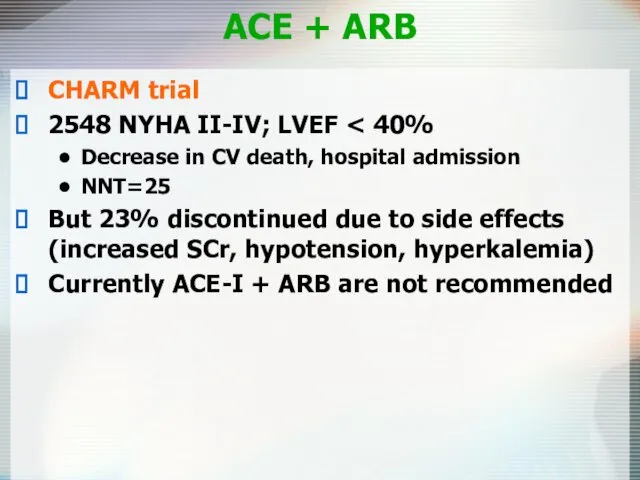 ACE + ARB CHARM trial 2548 NYHA II-IV; LVEF Decrease in CV death,