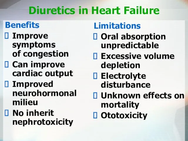 Diuretics in Heart Failure Benefits Improve symptoms of congestion Can improve cardiac output