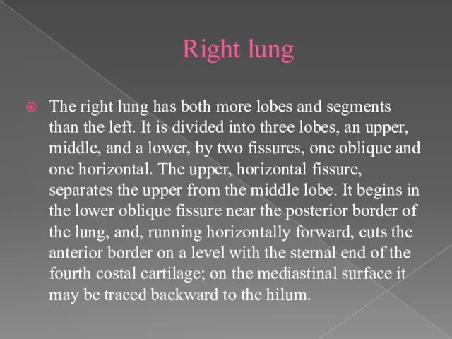 Right lung The right lung has both more lobes and