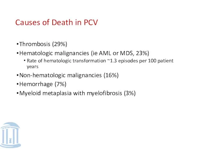 Causes of Death in PCV Thrombosis (29%) Hematologic malignancies (ie AML or MDS,