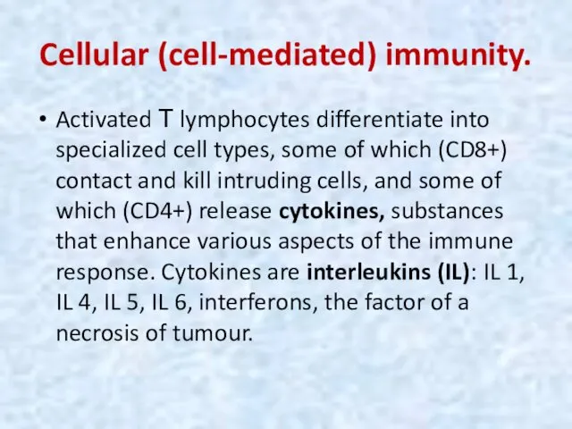 Cellular (cell-mediated) immunity. Activated Т lymphocytes differentiate into specialized cell