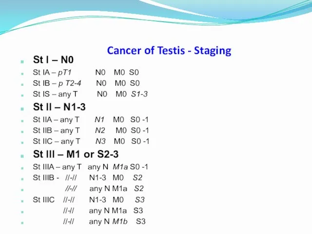 Cancer of Testis - Staging St I – N0 St