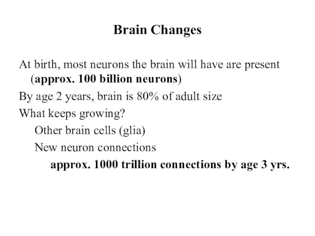 Brain Changes At birth, most neurons the brain will have