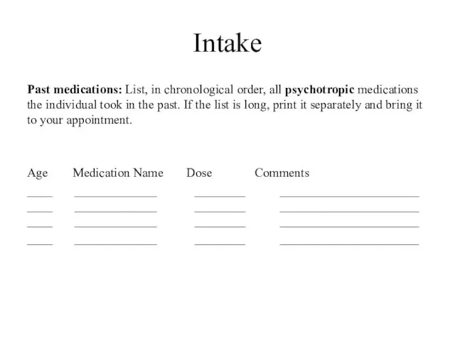 Intake Past medications: List, in chronological order, all psychotropic medications