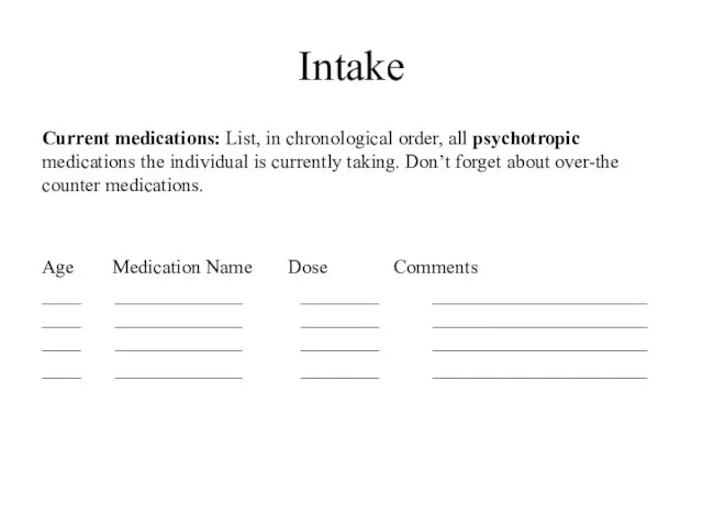 Intake Current medications: List, in chronological order, all psychotropic medications