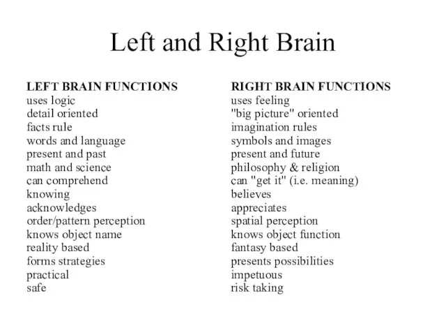 Left and Right Brain LEFT BRAIN FUNCTIONS uses logic detail