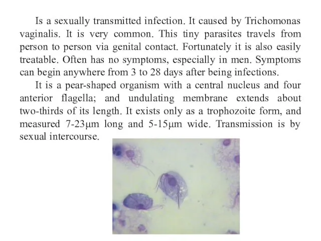 Is a sexually transmitted infection. It caused by Trichomonas vaginalis.
