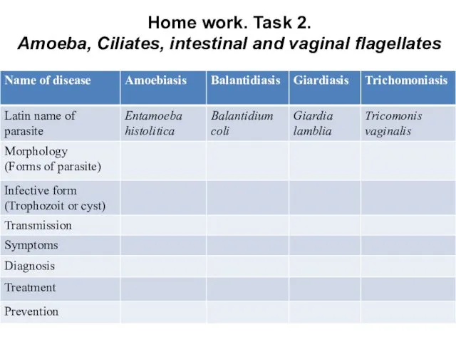 Home work. Task 2. Amoeba, Ciliates, intestinal and vaginal flagellates