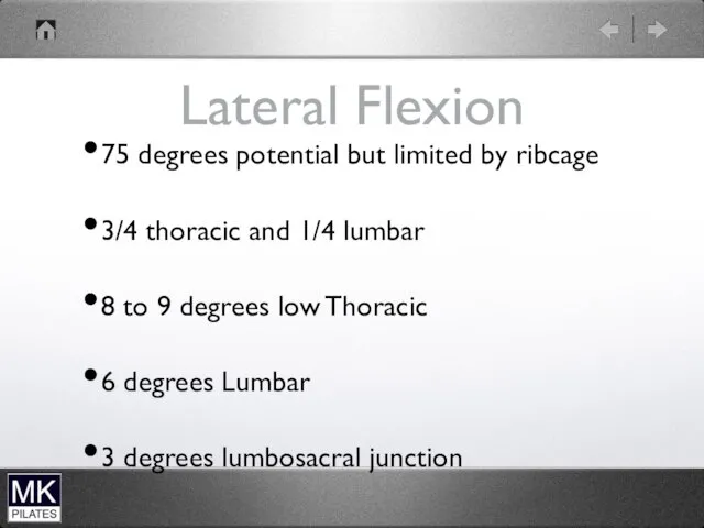 Lateral Flexion 75 degrees potential but limited by ribcage 3/4