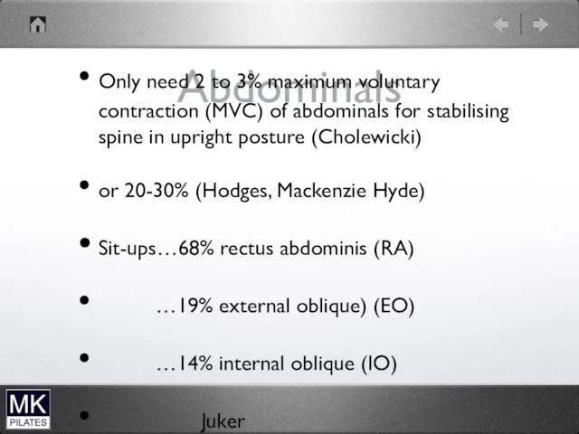 Abdominals Only need 2 to 3% maximum voluntary contraction (MVC)