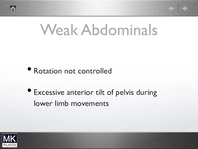 Weak Abdominals Rotation not controlled Excessive anterior tilt of pelvis during lower limb movements