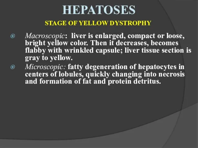 HEPATOSES Macroscopic: liver is enlarged, compact or loose, bright yellow