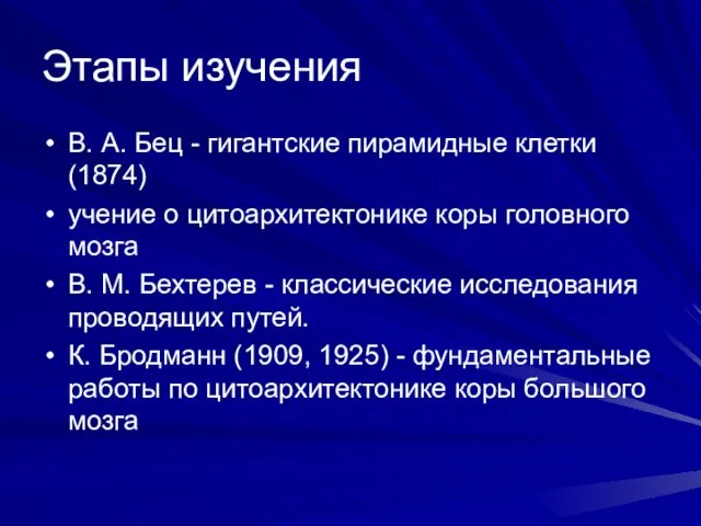 Этапы изучения В. А. Бец - гигантские пирамидные клетки (1874)