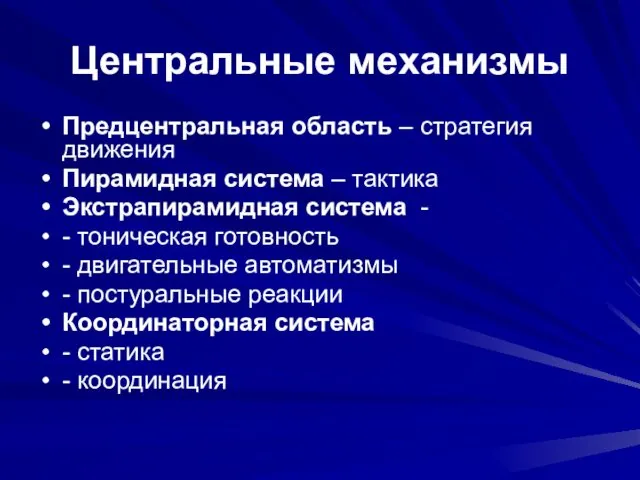 Центральные механизмы Предцентральная область – стратегия движения Пирамидная система –