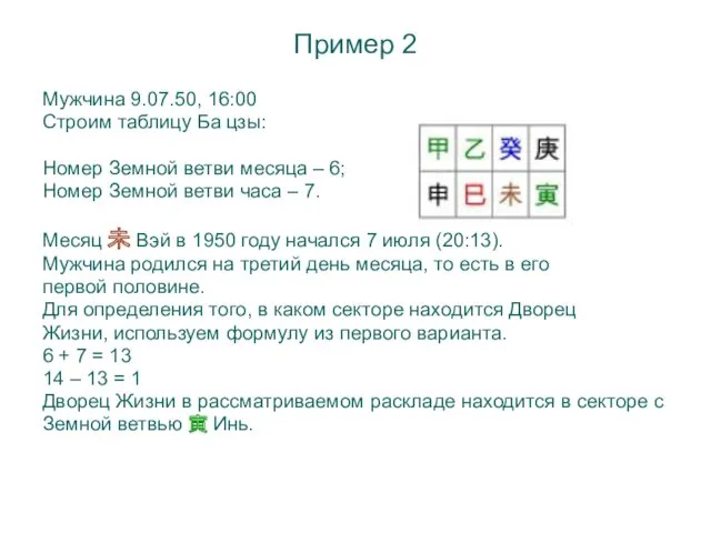 Пример 2 Мужчина 9.07.50, 16:00 Строим таблицу Ба цзы: Номер