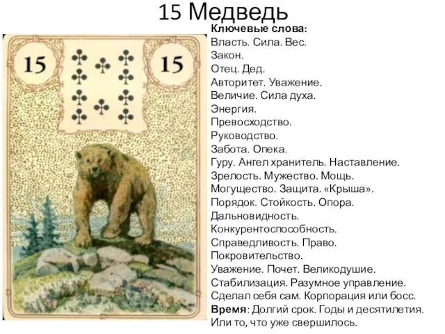 15 Медведь Ключевые слова: Власть. Сила. Вес. Закон. Отец. Дед. Авторитет. Уважение. Величие.