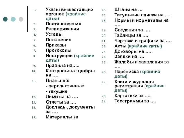 Указы вышестоящих органов (крайние даты) Постановления Распоряжения Уставы Положения Приказы