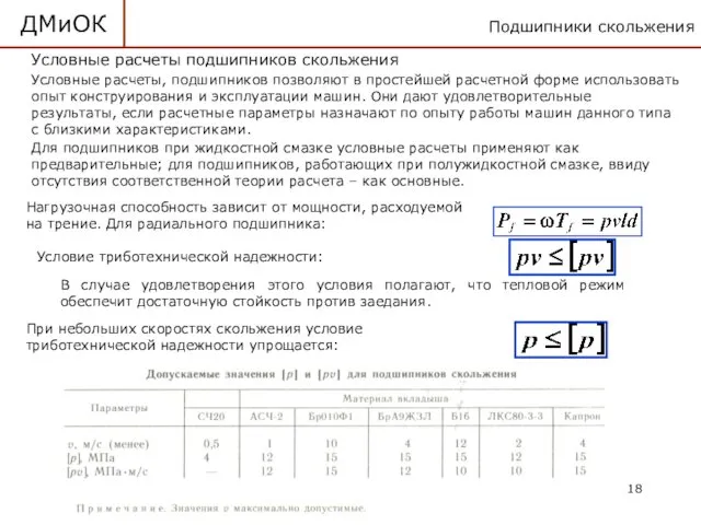 Подшипники скольжения ДМиОК Нагрузочная способность зависит от мощности, расходуемой на