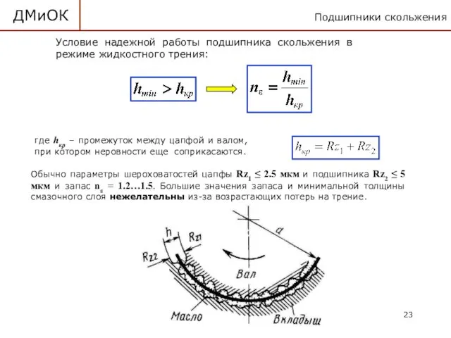 Подшипники скольжения ДМиОК Условие надежной работы подшипника скольжения в режиме