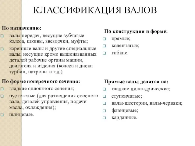 По назначению: валы передач, несущие зубчатые колеса, шкивы, звездочки, муфты;