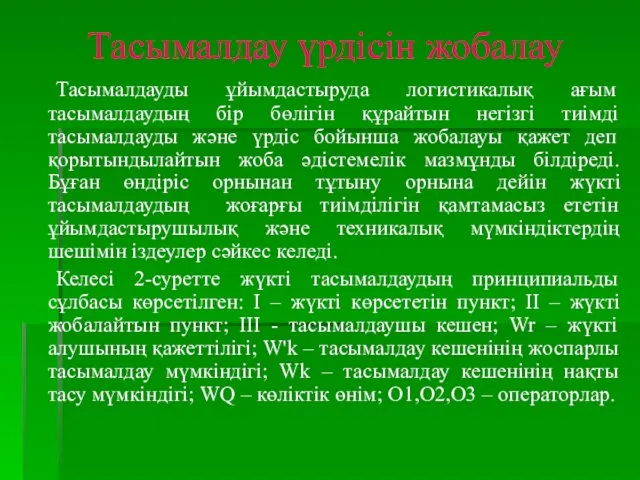 Тасымалдау үрдісін жобалау Тасымалдауды ұйымдастыруда логистикалық ағым тасымалдаудың бір бөлігін