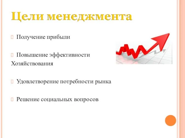 Получение прибыли Повышение эффективности Хозяйствования Удовлетворение потребности рынка Решение социальных вопросов