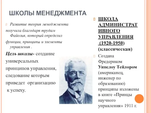 ШКОЛЫ МЕНЕДЖМЕНТА Развитие теория менеджмента получила благодаря трудам Файолья, который