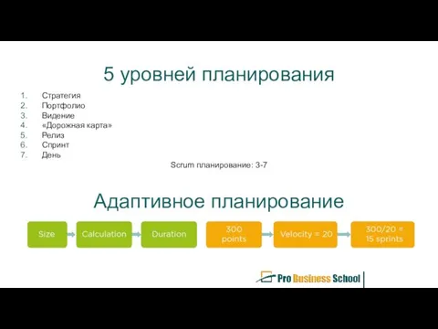 5 уровней планирования Стратегия Портфолио Видение «Дорожная карта» Релиз Спринт День Scrum планирование: 3-7 Адаптивное планирование
