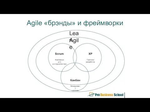 Agile «брэнды» и фреймворки Scrum Фреймворк для «сотрудничества» XP Практики разработки Канбан Менеджмент «потока» Agile Lean