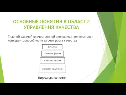 ОСНОВНЫЕ ПОНЯТИЯ В ОБЛАСТИ УПРАВЛЕНИЯ КАЧЕСТВА Главной задачей отечественной экономики