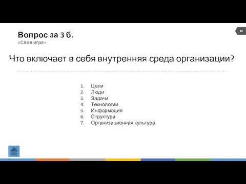 Вопрос за 3 б. «Своя игра» Что включает в себя