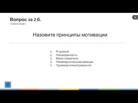 Вопрос за 2 б. «Своя игра» Назовите принципы мотивации Я