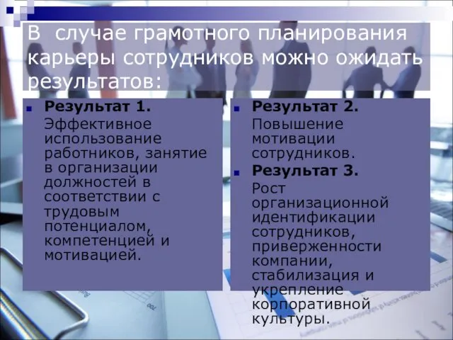 В случае грамотного планирования карьеры сотрудников можно ожидать результатов: Результат