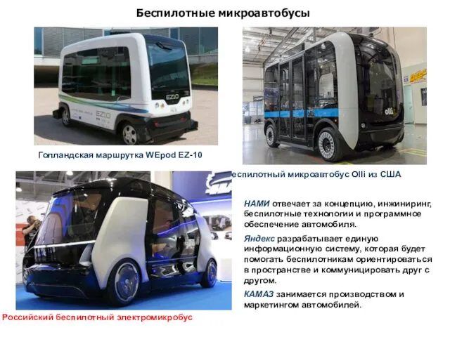 Беспилотный микроавтобус Olli из США Российский беспилотный электромикробус НАМИ отвечает за концепцию, инжиниринг,